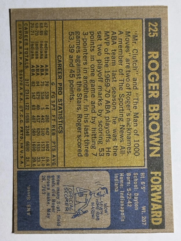 1971-72 Topps #225 Roger Brown RC (EX)