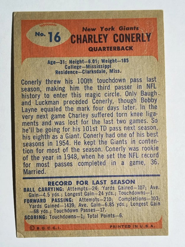 1955 Bowman #16 Charley Conerly (EX)