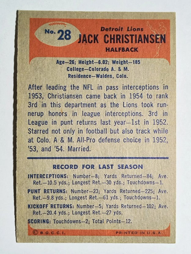 1955 Bowman #28 Jack Christiansen (VGEX)