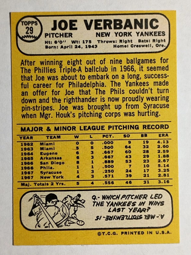 1968 Topps #29 Joe Verbanic (NM)