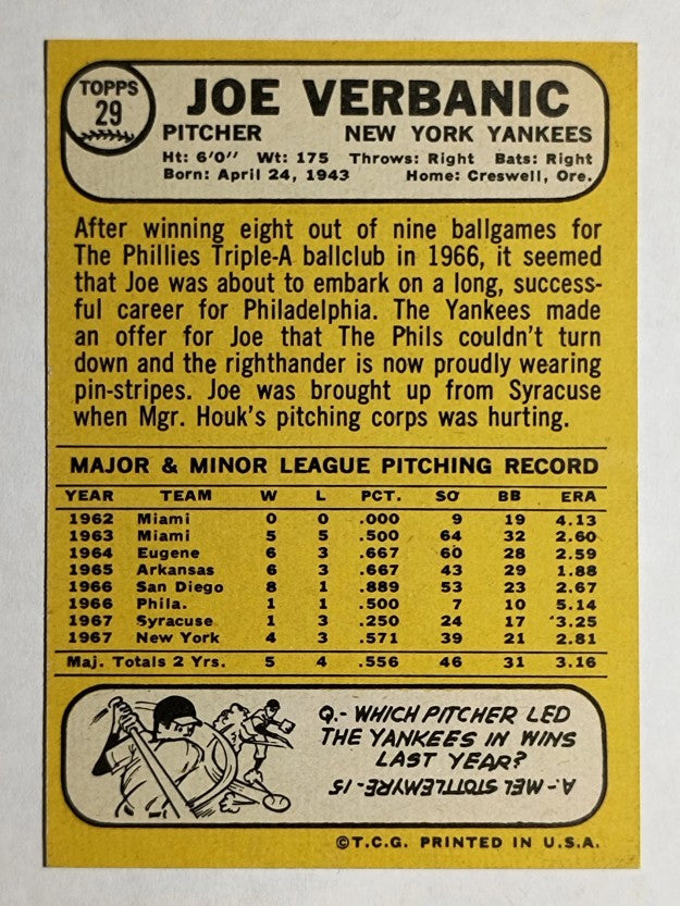 1968 Topps #29 Joe Verbanic (EXMT)