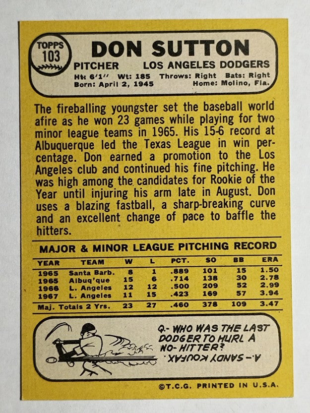 1968 Topps #103 Don Sutton (NM)