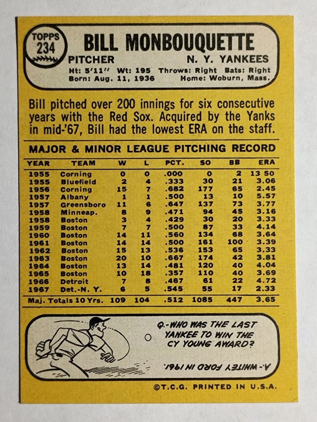 1968 Topps #234 Bill Monbouquette (EX)