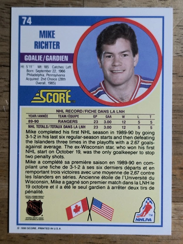 1990-91 Score Canadian #74 Mike Richter RC