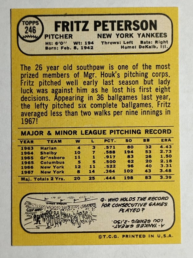 1968 Topps #246 Fritz Peterson (NM)