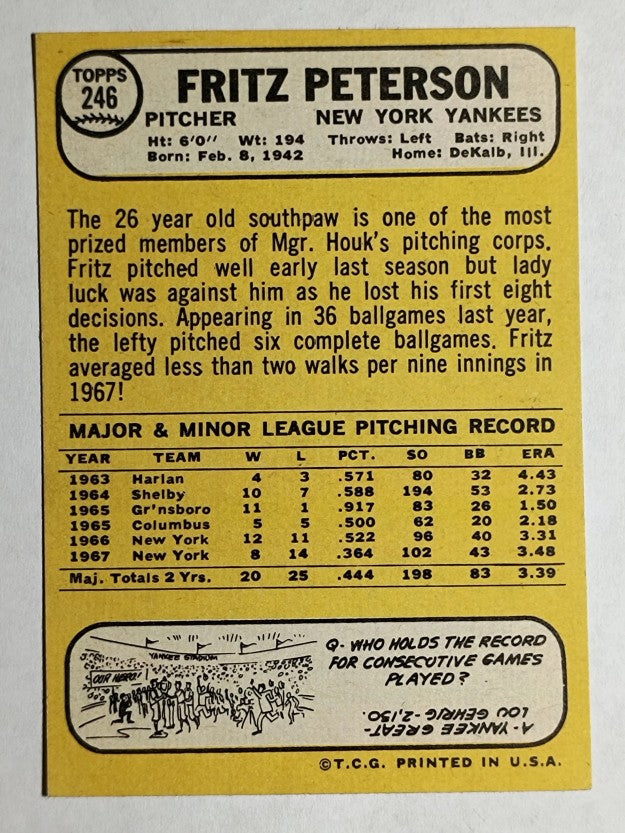 1968 Topps #246 Fritz Peterson (EXMT)
