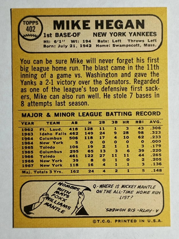 1968 Topps #402 Mike Hegan (MINT)