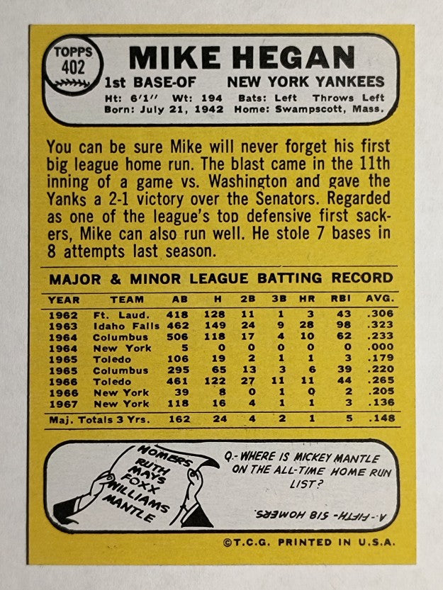 1968 Topps #402 Mike Hegan (NMMT)