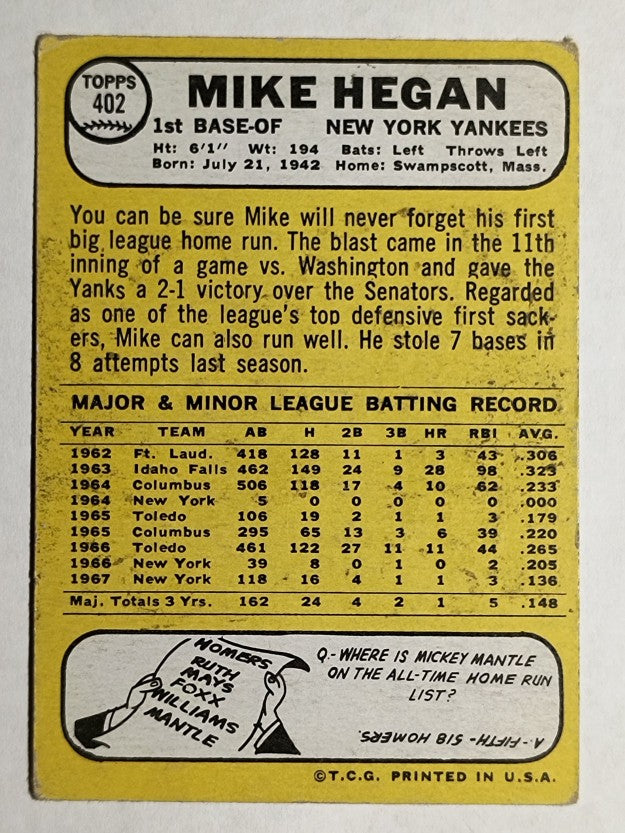 1968 Topps #402 Mike Hegan (VG)