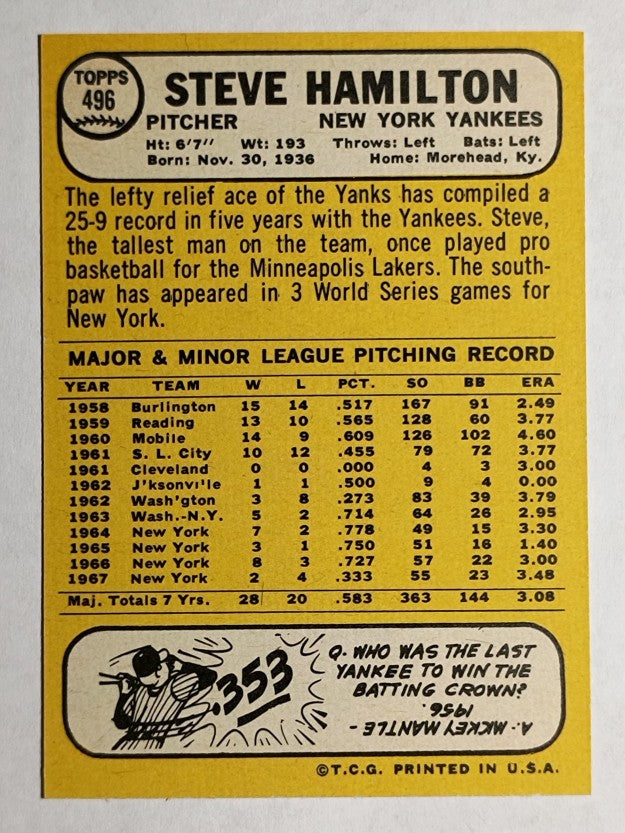 1968 Topps #496 Steve Hamilton (MINT)