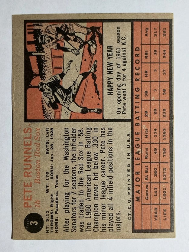 1962 Topps #3 Pete Runnels (VGEX)