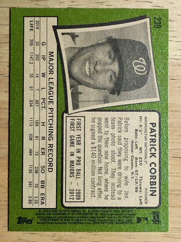 2020 Topps Heritage #230 Patrick Corbin