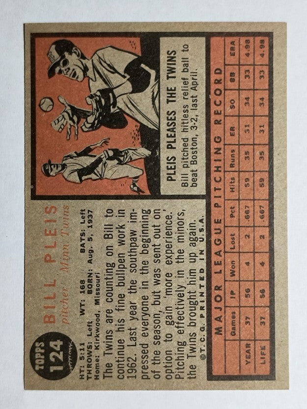 1962 Topps #124 Bill Pleis RC (NMMT)