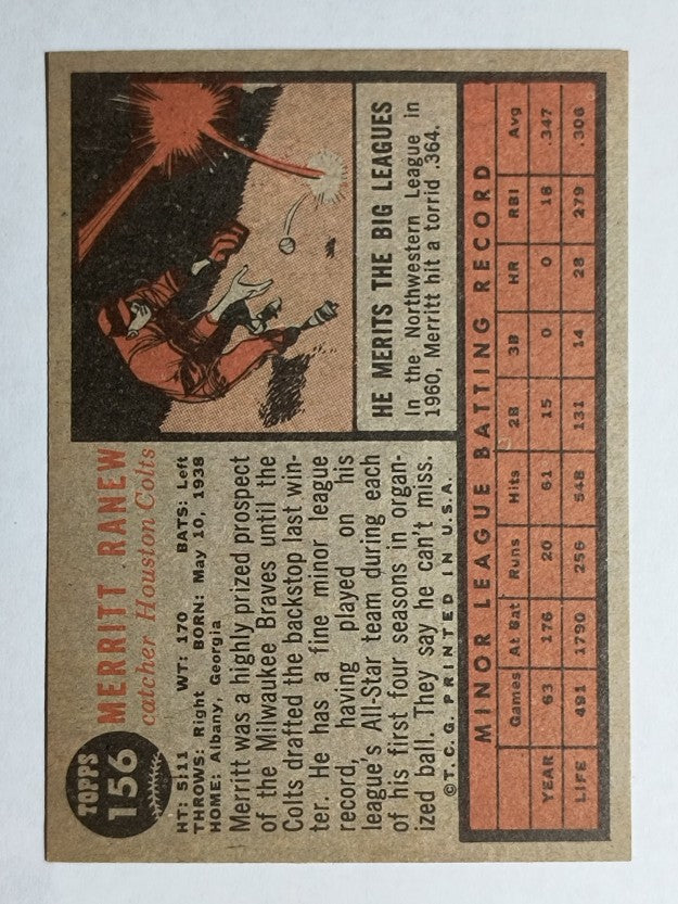 1962 Topps #156 Merritt Ranew RC (NM)
