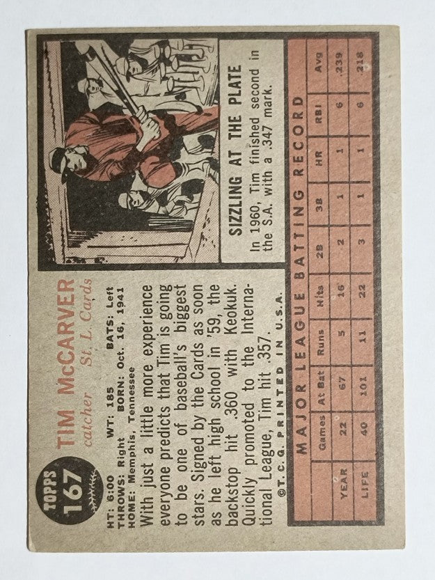 1962 Topps #167 Tim McCarver RC (EX)
