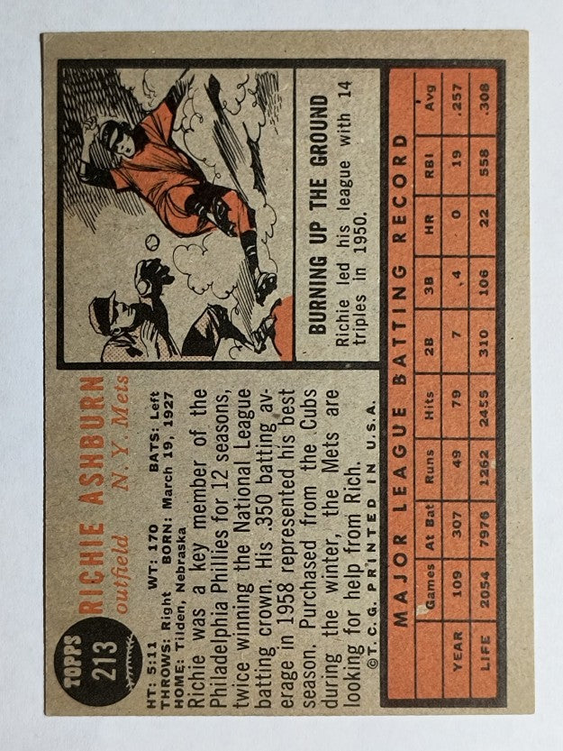 1962 Topps #213 Richie Ashburn (VG)