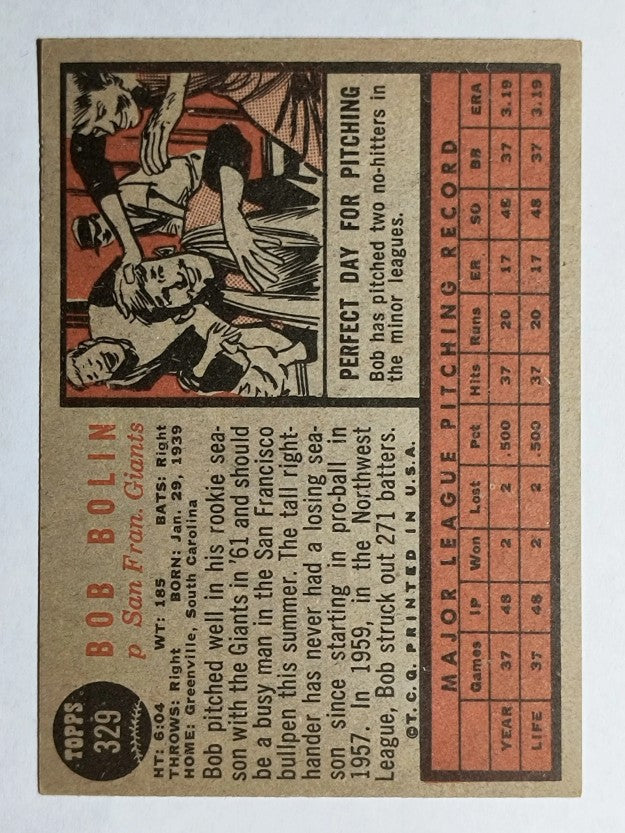 1962 Topps #329 Bob Bolin (EX)