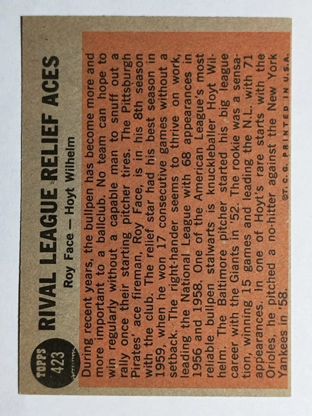 1962 Topps #423 Rival League Relief Aces/Roy Face/Hoyt Wilhelm (EXMT)