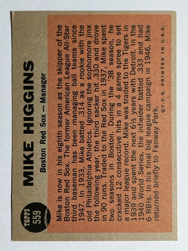 1962 Topps #559 Mike Higgins MG (EXMT)