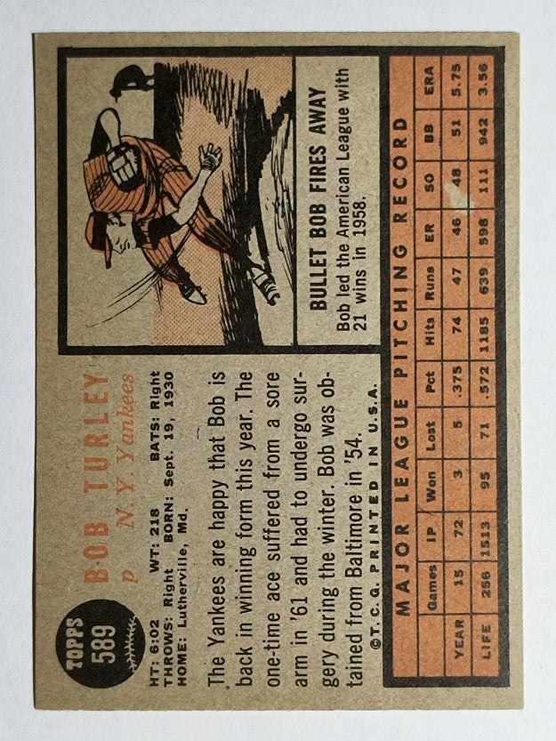 1962 Topps #589 Bob Turley (NM)