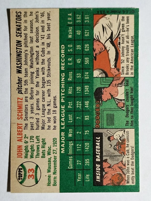 1954 Topps #33 Johnny Schmitz (EXMT)