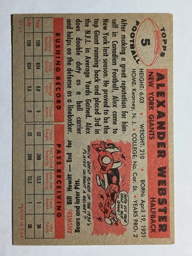 1956 Topps #5 Alex Webster RC (EX)
