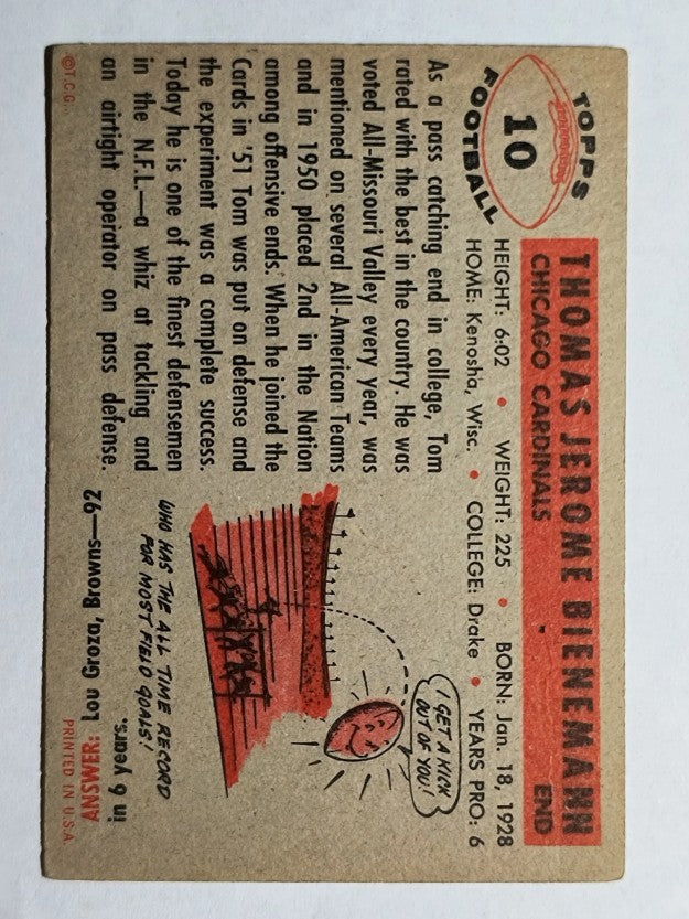 1956 Topps #10 Tom Bienemann SP RC (VGEX)