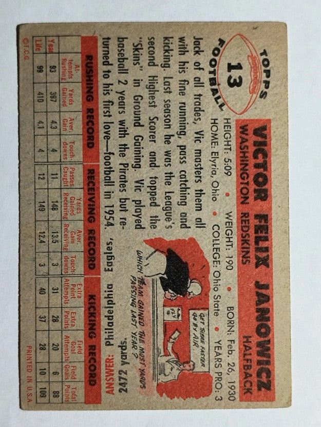 1956 Topps #13 Vic Janowicz SP (EX)