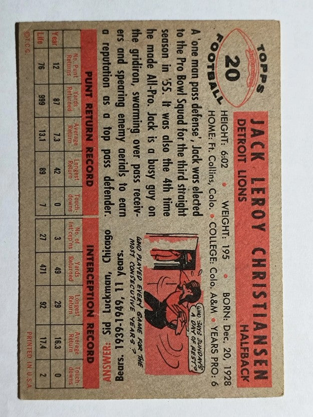 1956 Topps #20 Jack Christiansen (EXMT)