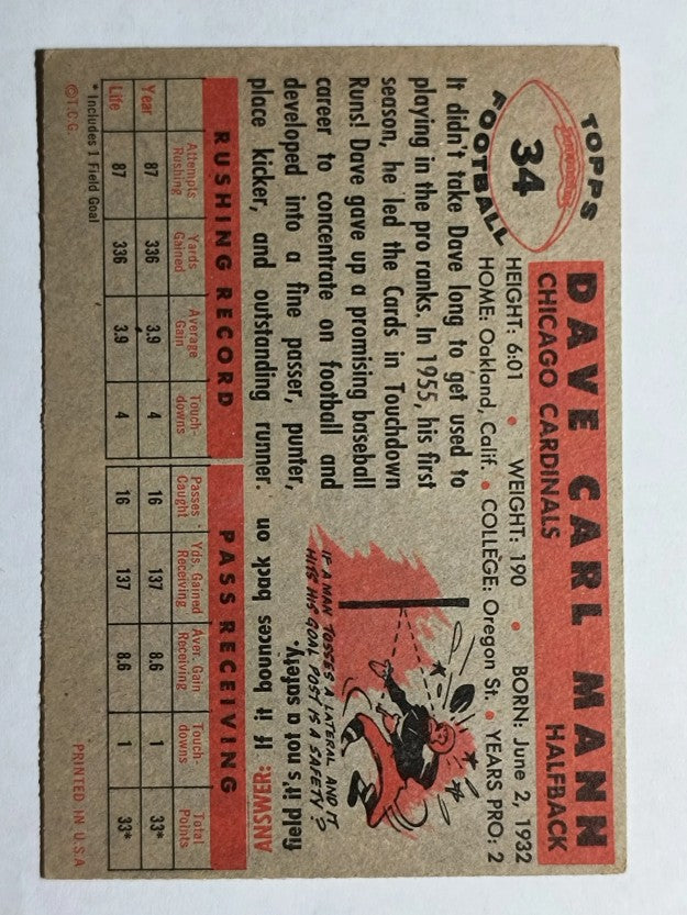 1956 Topps #34 Dave Mann SP RC (EXMT)