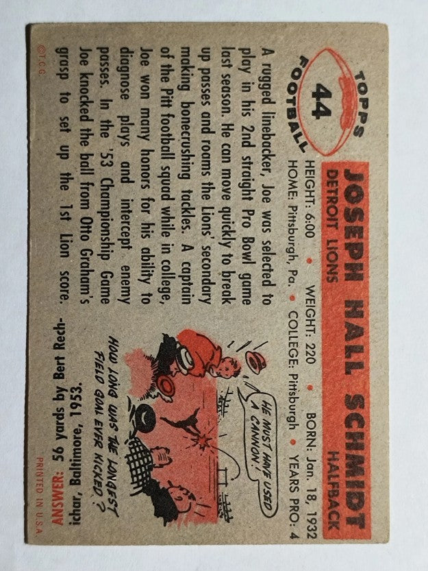 1956 Topps #44 Joe Schmidt RC (VGEX)