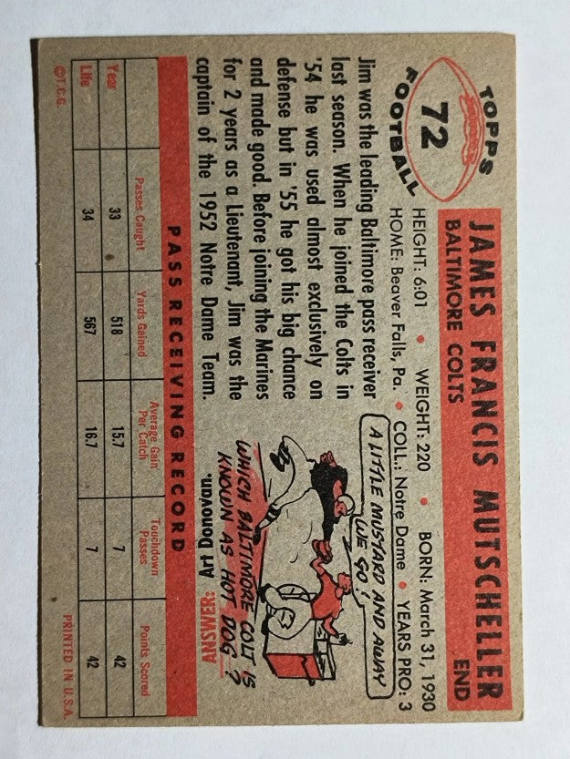 1956 Topps #72 Jim Mutscheller RC (EXMT)