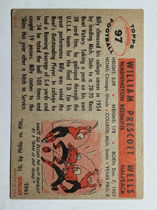 1956 Topps #97 Billy Wells SP RC (VGEX)