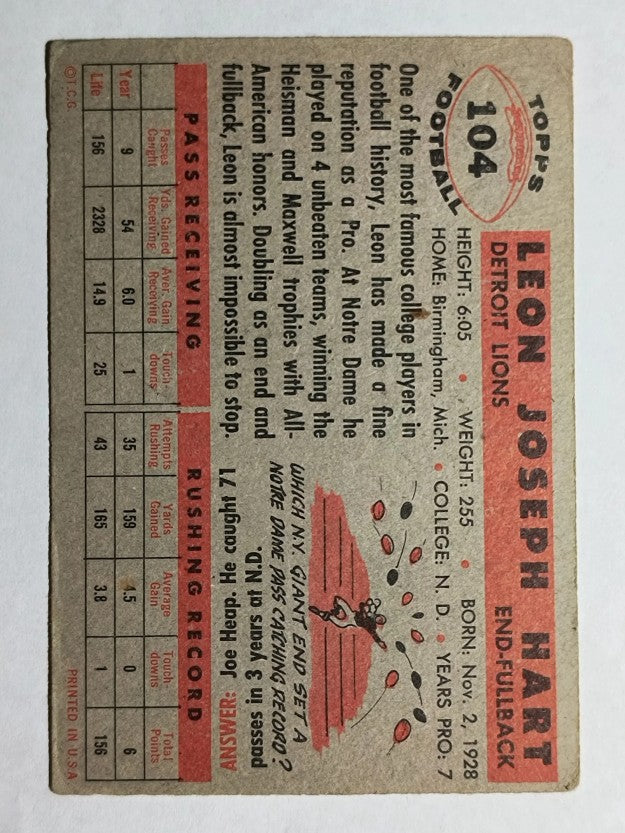 1956 Topps #104 Leon Hart (VGEX)