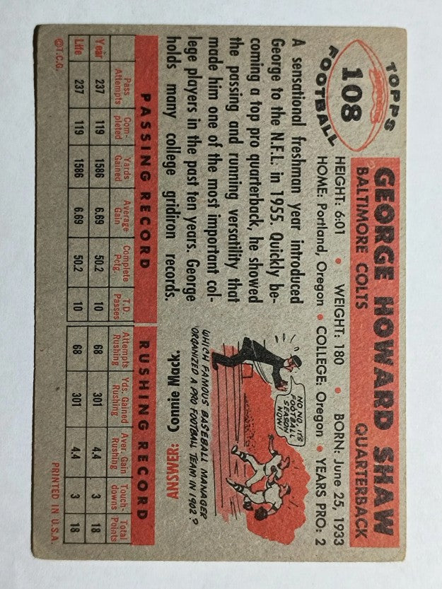 1956 Topps #108 George Shaw RC (EX)