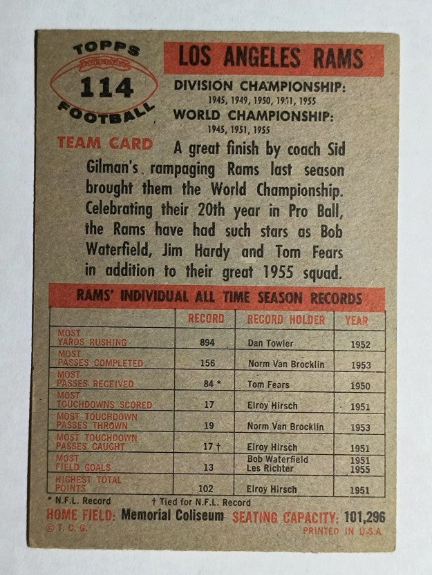 1956 Topps #114 Los Angeles Rams (VGEX)
