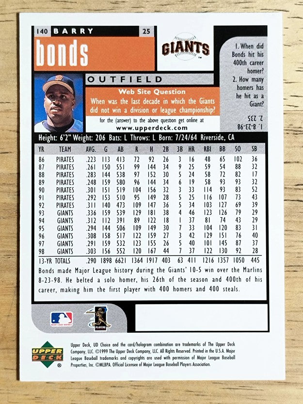 1999 UD Choice #140 Barry Bonds