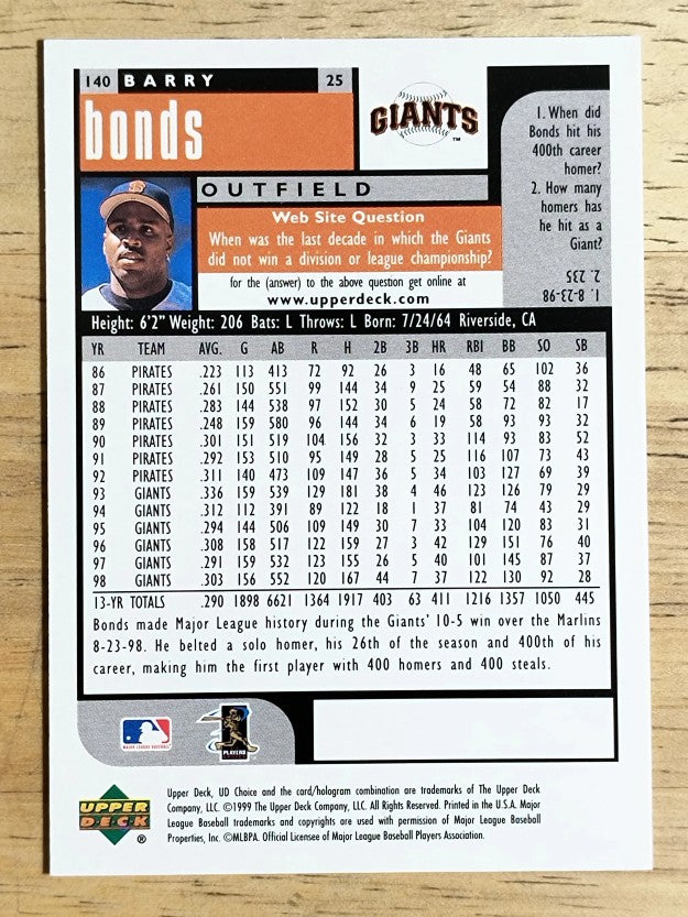 1999 UD Choice #140 Barry Bonds