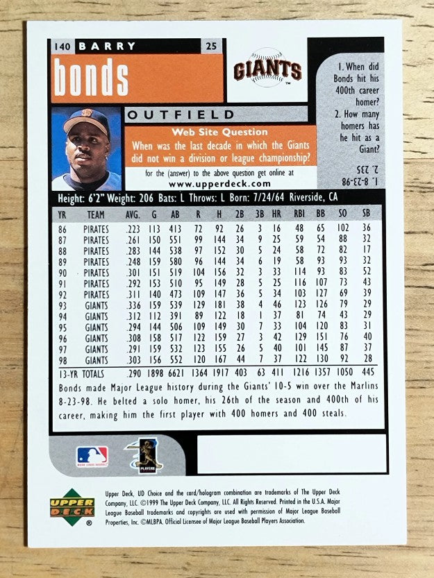 1999 UD Choice #140 Barry Bonds