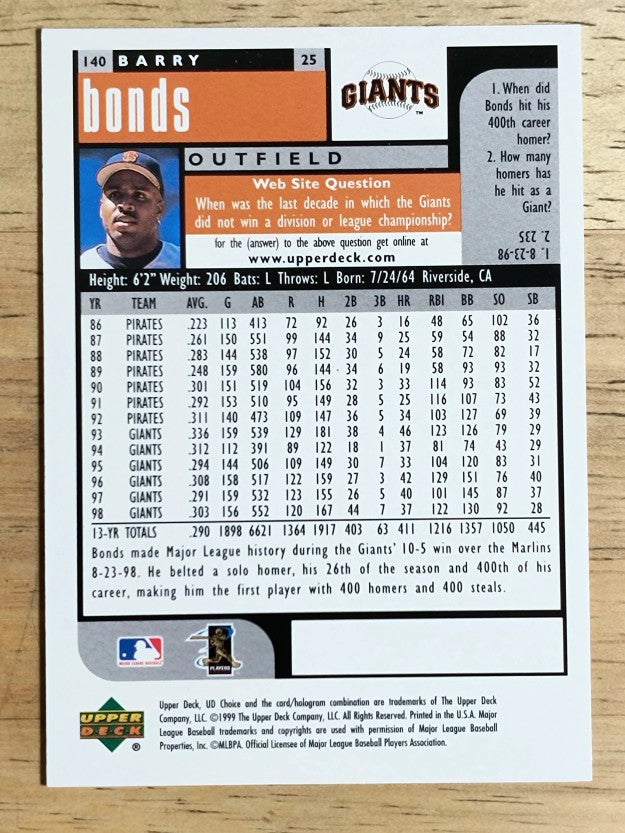 1999 UD Choice #140 Barry Bonds