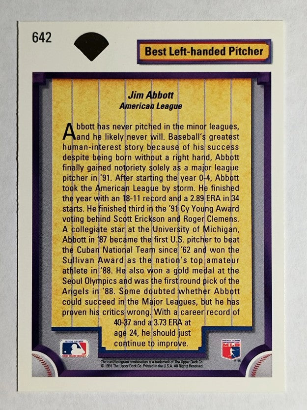 1992 Upper Deck #642 Jim Abbott DS