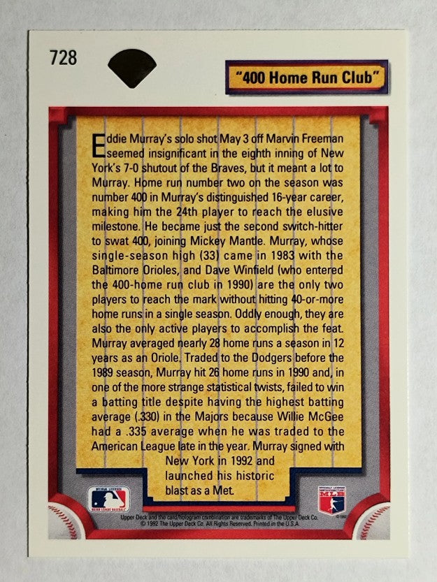 1992 Upper Deck #728 Eddie Murray 400 HR