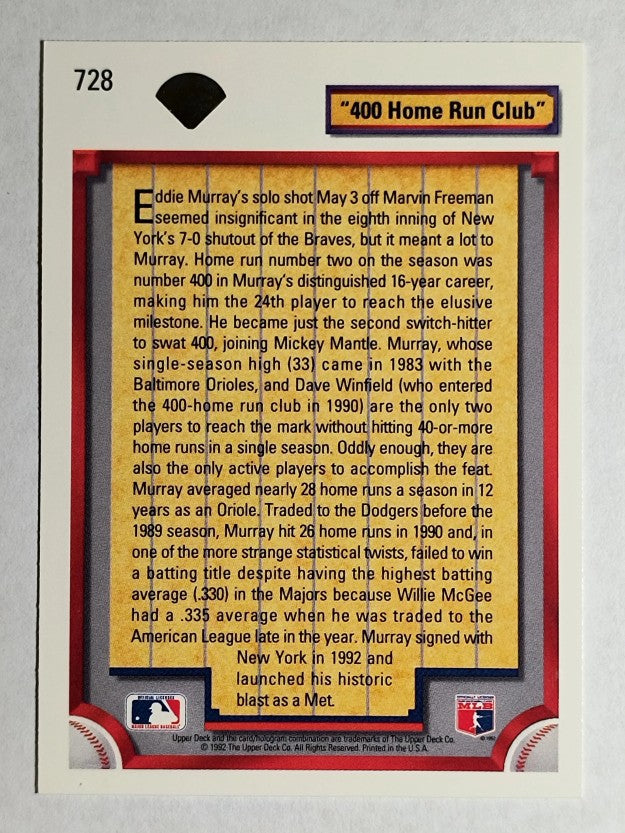 1992 Upper Deck #728 Eddie Murray 400 HR