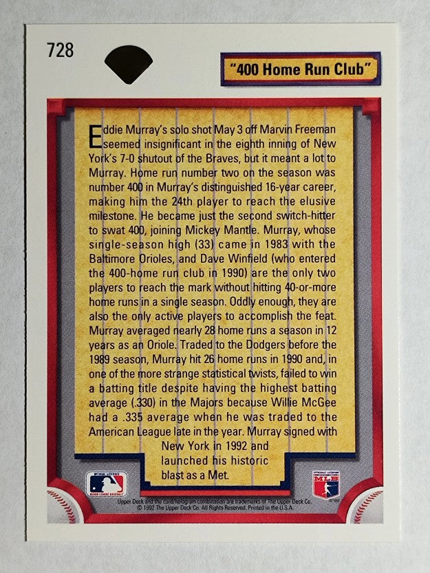 1992 Upper Deck #728 Eddie Murray 400 HR