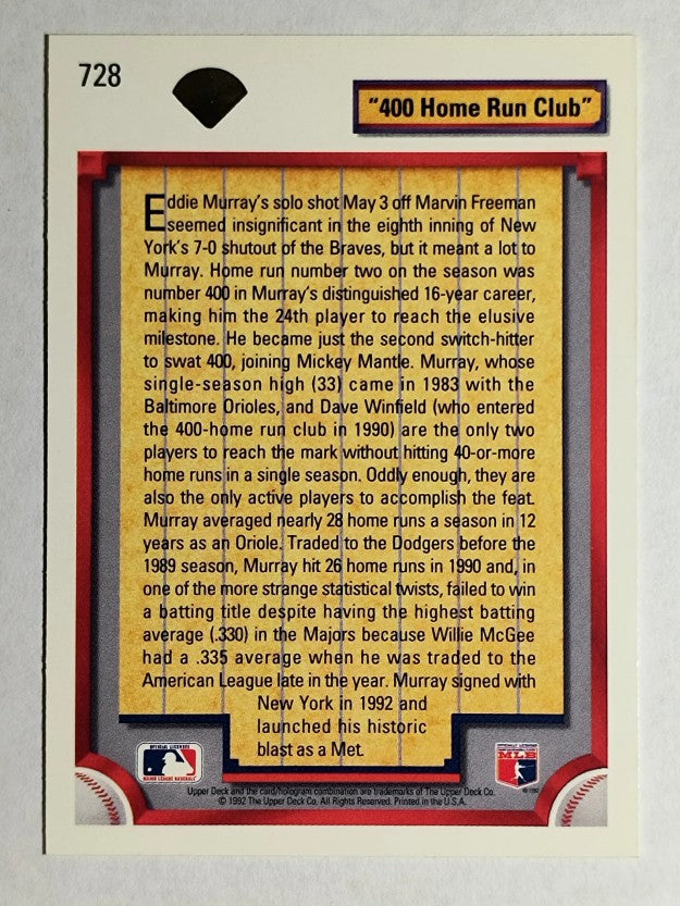 1992 Upper Deck #728 Eddie Murray 400 HR