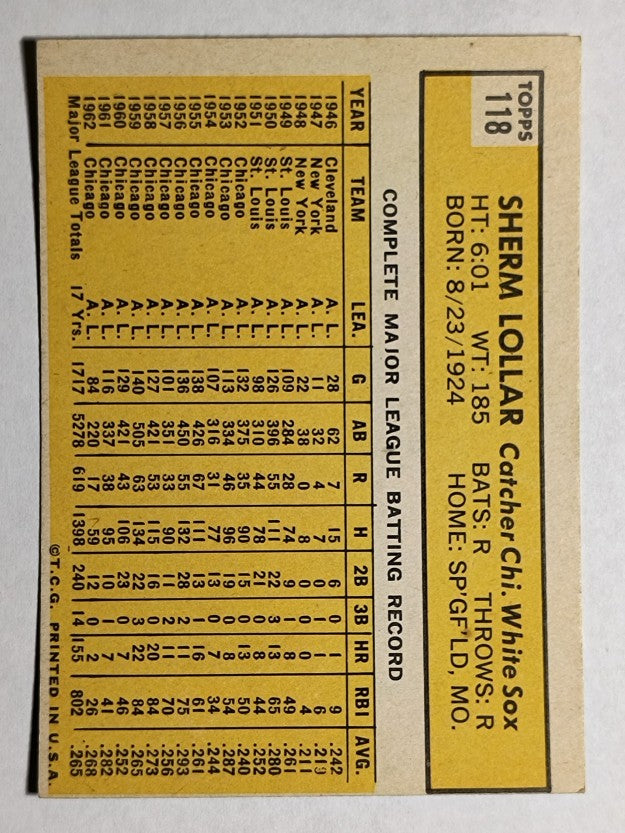 1963 Topps #118 Sherm Lollar (EX)