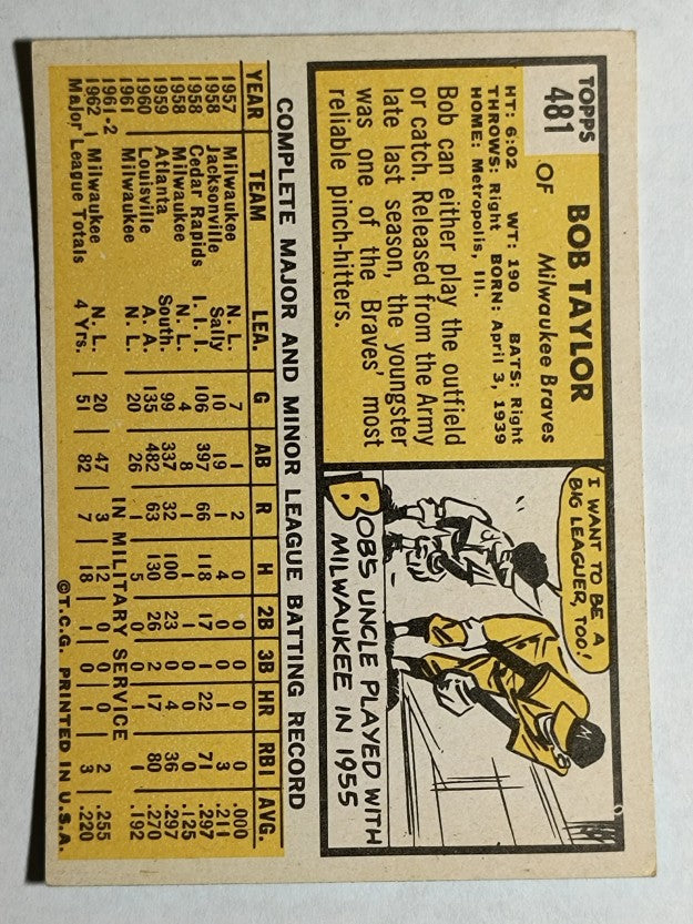 1963 Topps #481 Bob Taylor (EX)