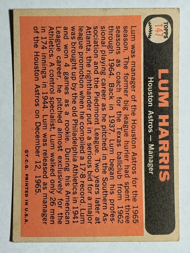 1966 Topps #147 Lum Harris MG (EX)