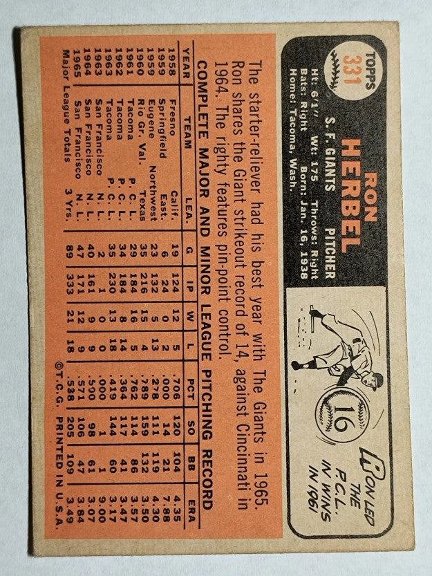 1966 Topps #331 Ron Herbel (VGEX)
