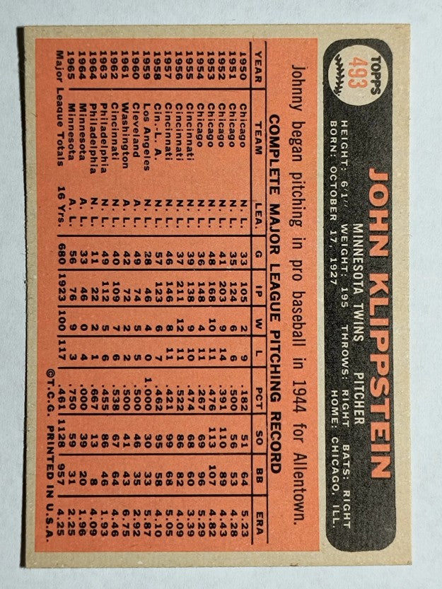 1966 Topps #493 Johnny Klippstein (NMMT)
